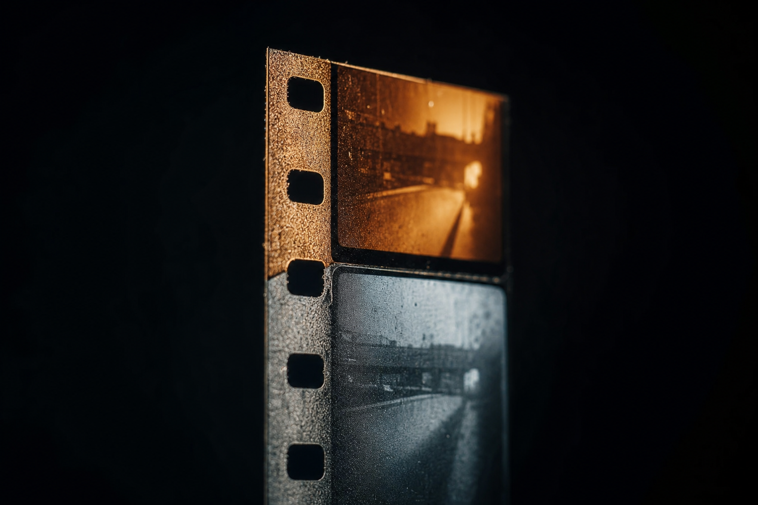 Tira de película con fotogramas de diferente gradación representando video IA referencia marca
