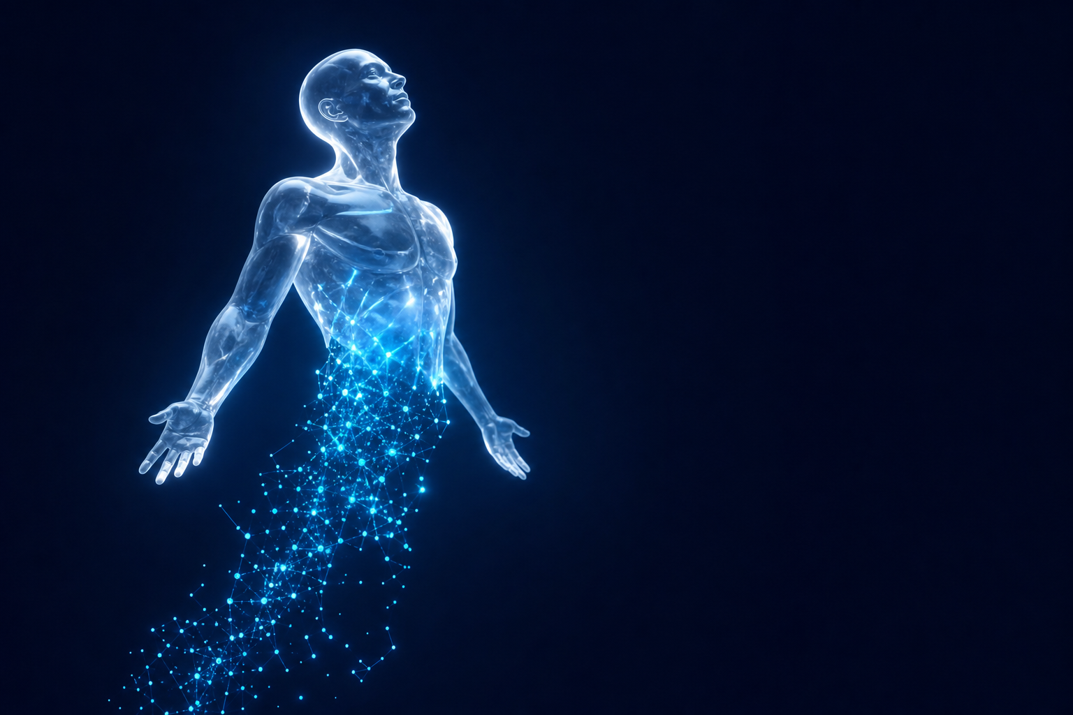 Silueta translúcida disolviéndose en nodos de datos cian, transformación de plantilla en agentes IA empresa