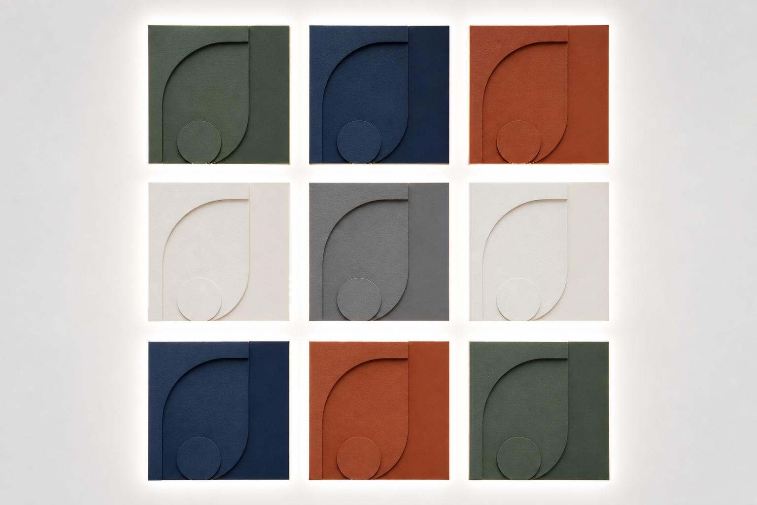Grid de tiles de diseño en paletas de marca distintas, generación de assets IA con precisión editorial
