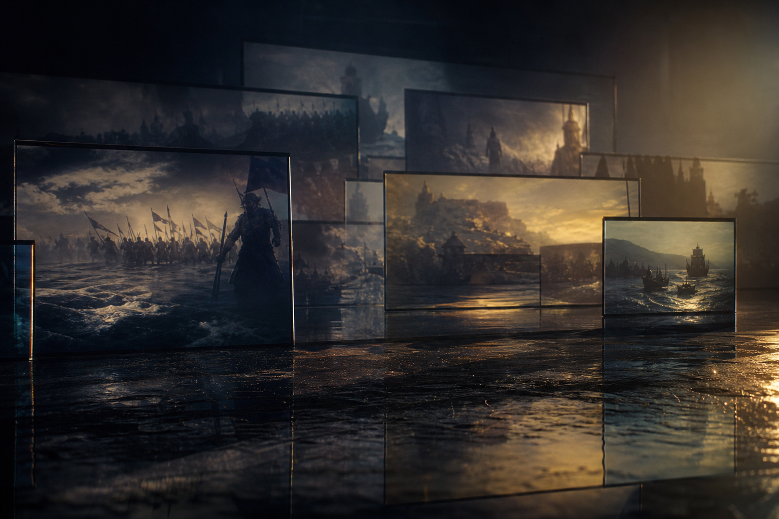 Frames de película apilados en composición cinematográfica con luz lateral dramática, vídeo IA producción comercial