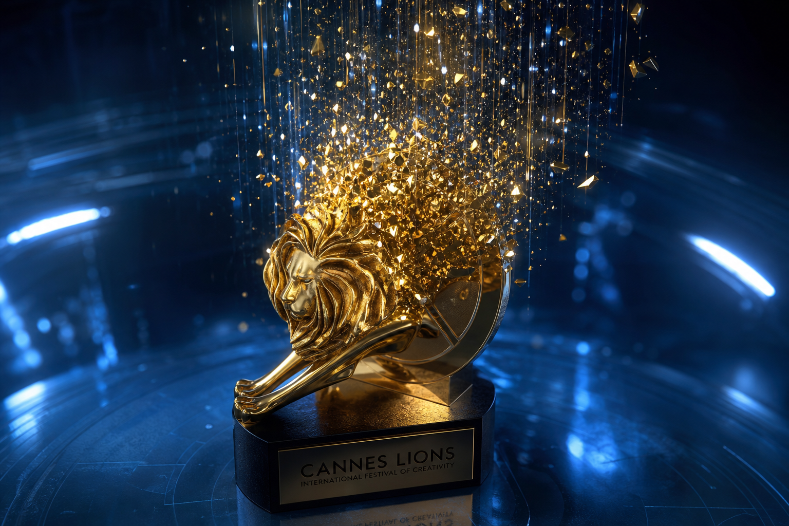 Trofeo Cannes Lions 2026 junto a pantalla con shortlist de AI Craft Digital Lions