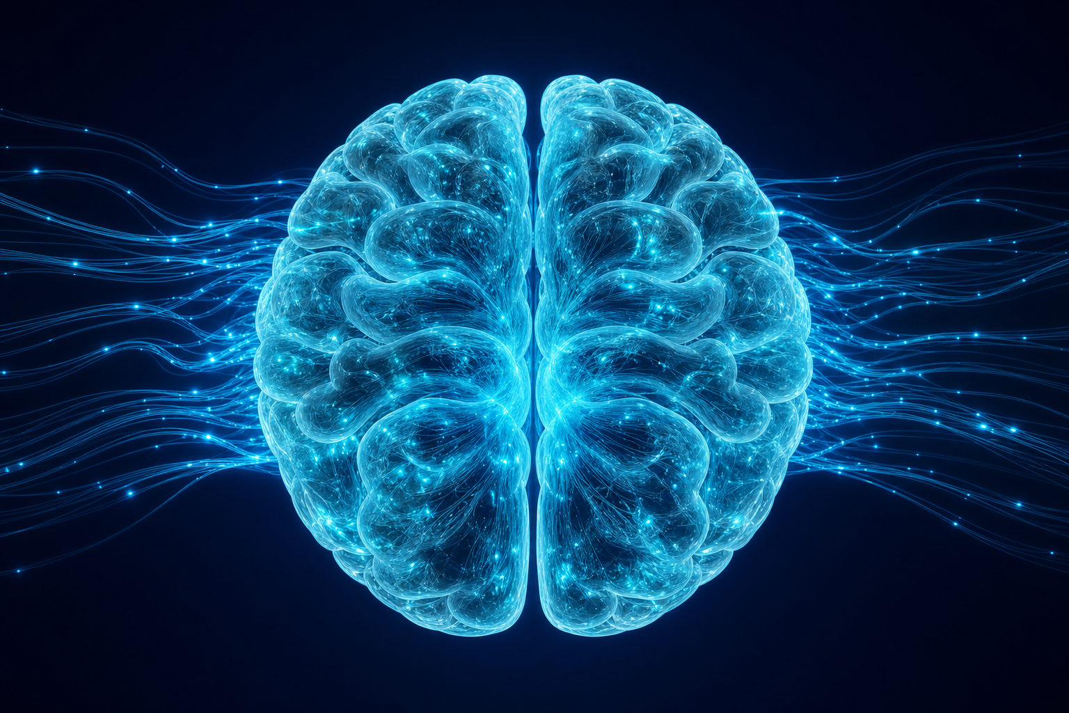 Cerebro sintético translúcido con luz cian representando agente IA autónomo activo en empresa