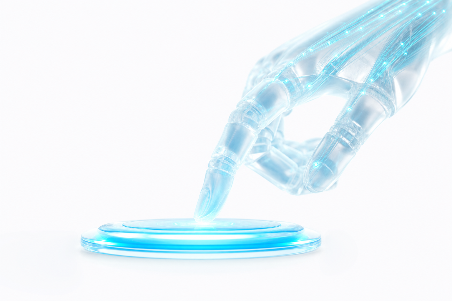 Mano sintética de vidrio y fibra óptica operando interfaz digital, automatización web con agentes IA