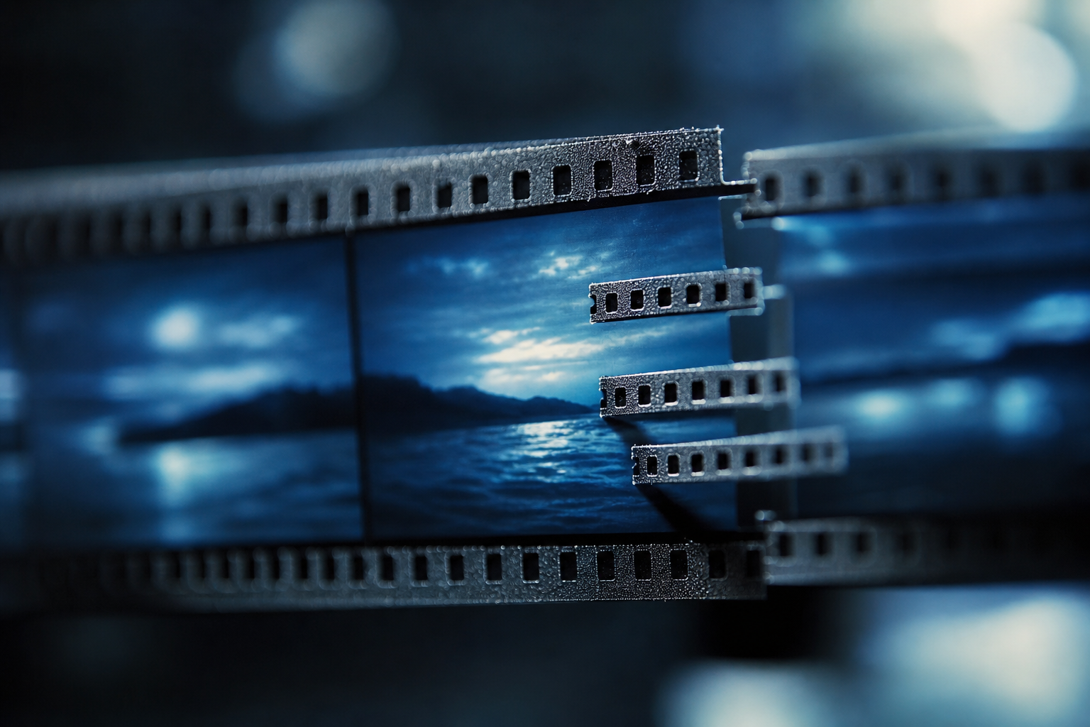 Tiras de película apiladas en perspectiva sobre fondo oscuro representando edición de vídeo generativo en Runway