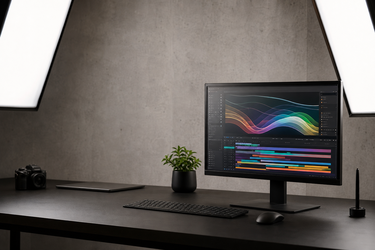 Mesa de diseño con monitor mostrando timeline de animación de Figma Motion y controles de shader WebGPU