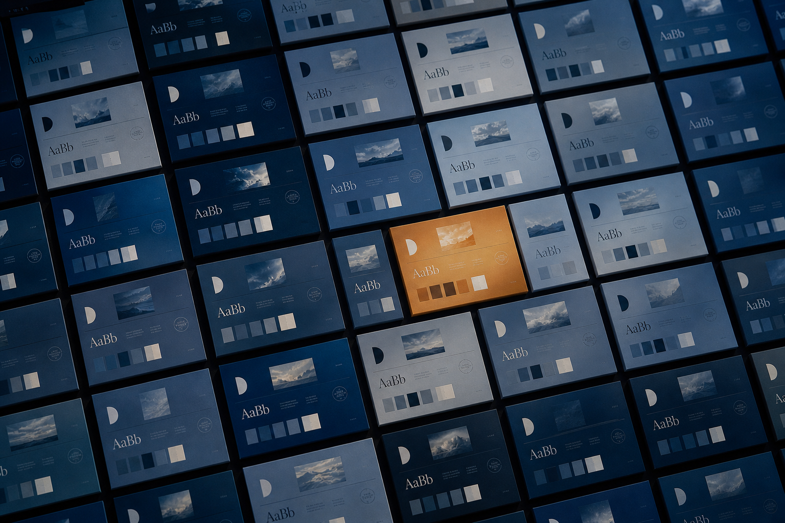 Kit de marca abstracto flotando en void editorial, referencia a Brand Kit de LinkedIn Ads