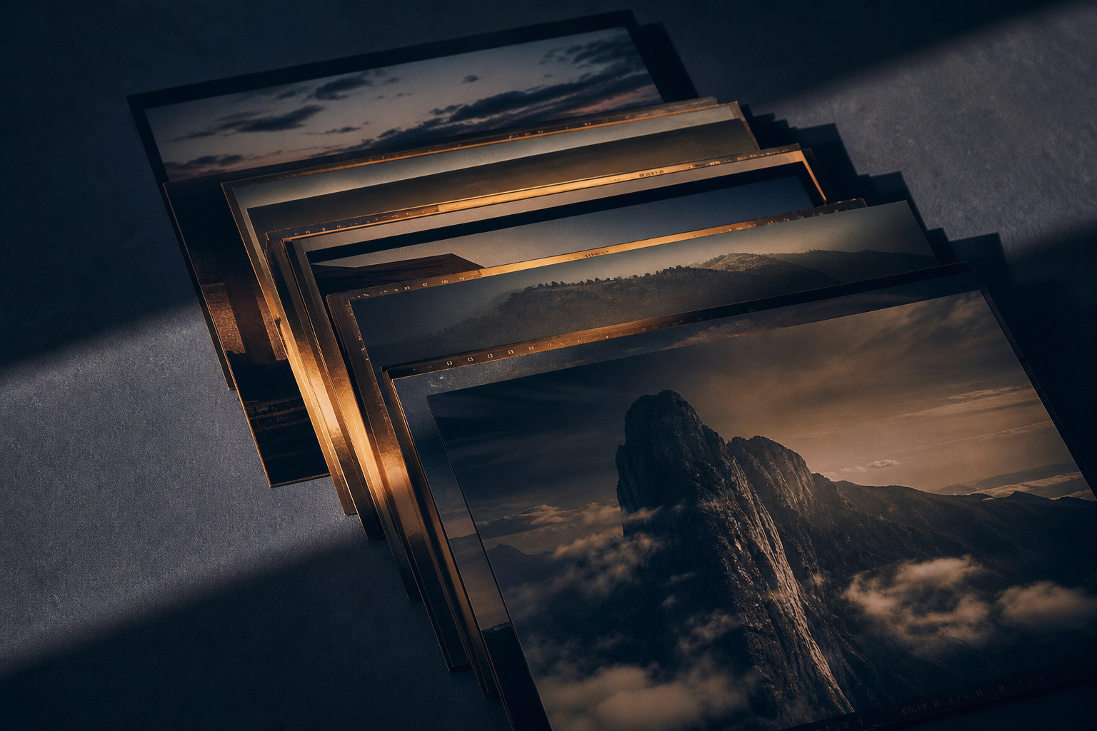Frames de video en capas con luz lateral dramatica, representando produccion narrativa con IA
