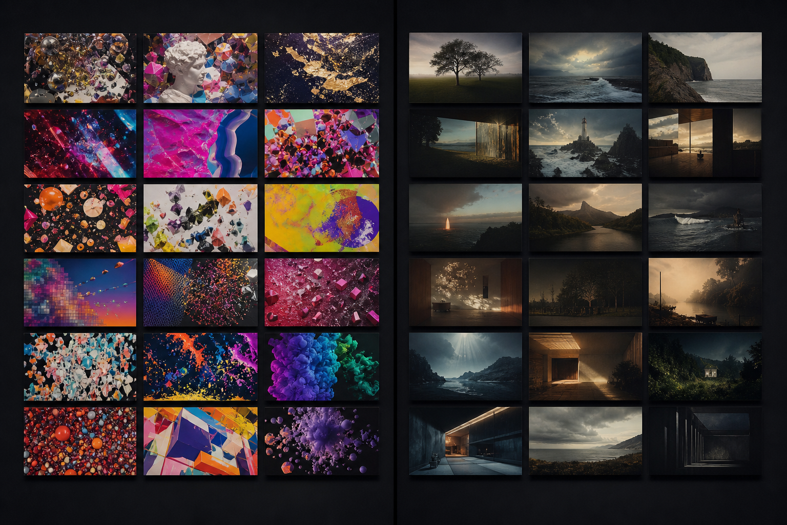 Vista cenital de grid de frames de video IA, mitad caoticos y mitad con composicion cinematografica curada