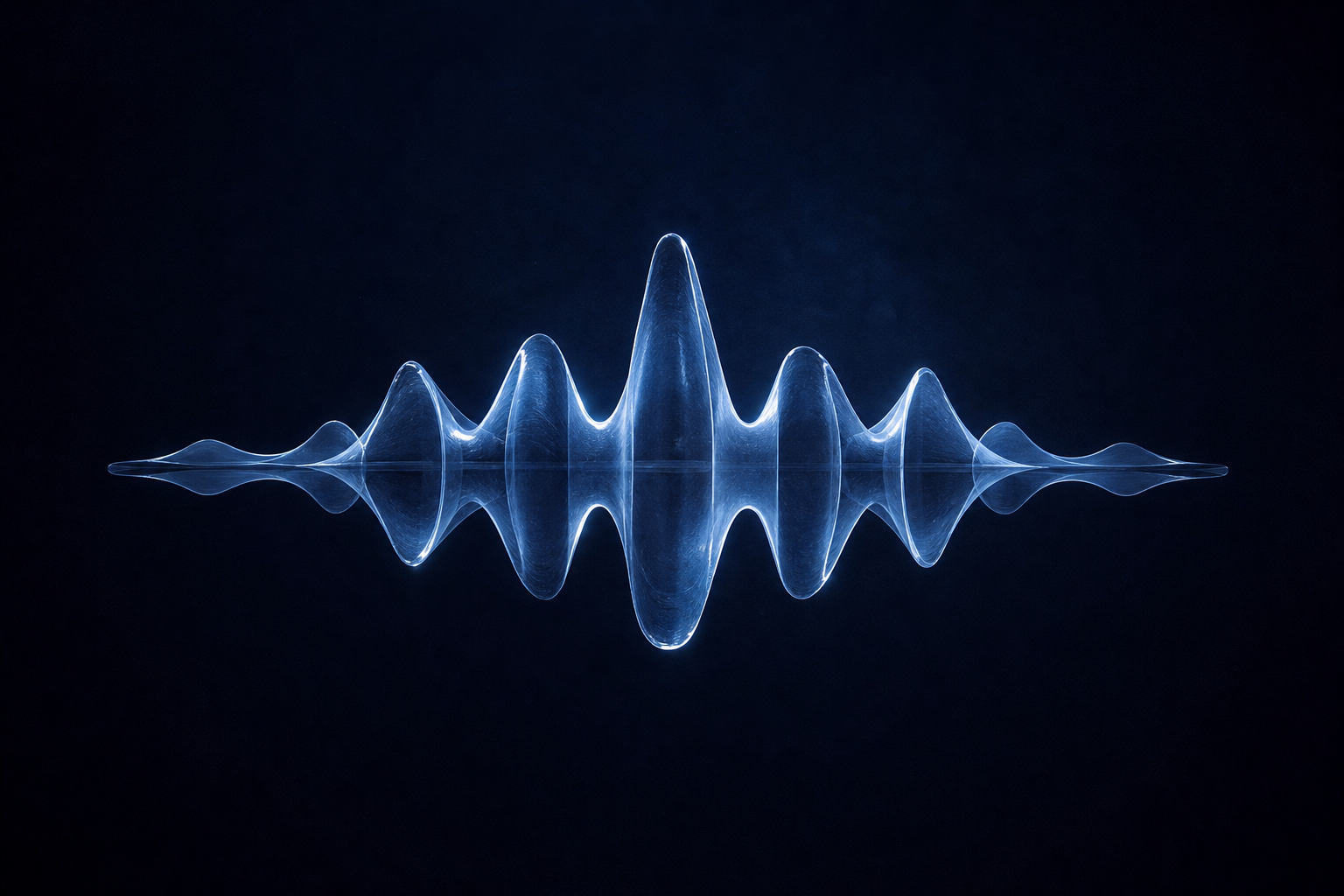 Onda sonora abstracta materializada como escultura en superficie reflectante representando música IA para producción