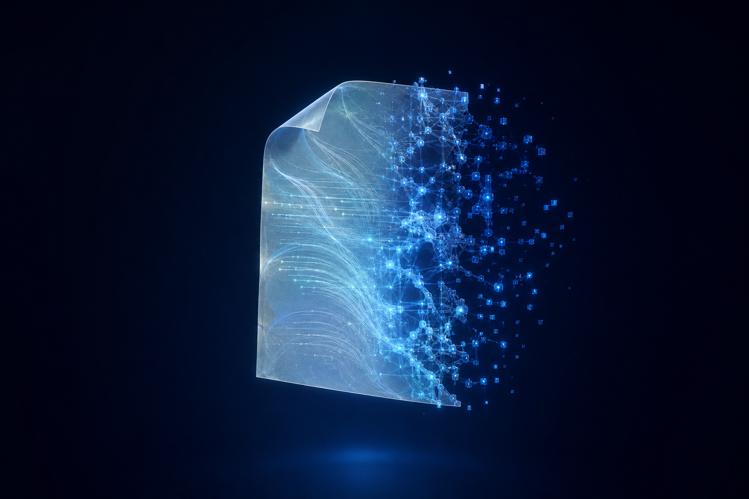 Estructura orgánica translúcida de fibra óptica representando automatización del proceso de compras con IA gobernada