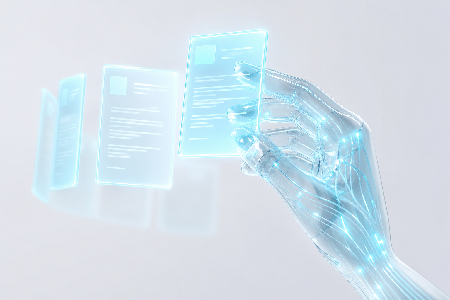 Mano sintética de vidrio traslúcido organizando nodos de datos que representan tareas de oficina automatizadas