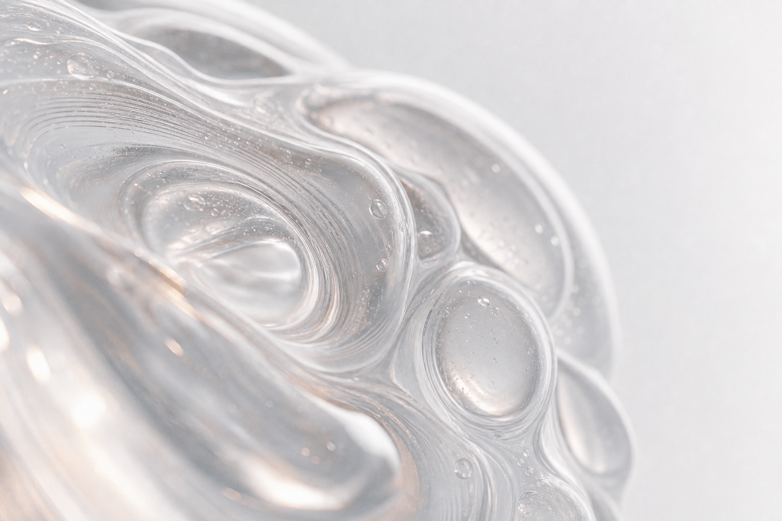 Frasco de cristal translúcido sobre fondo luminoso representando producción de activos de marca con IA