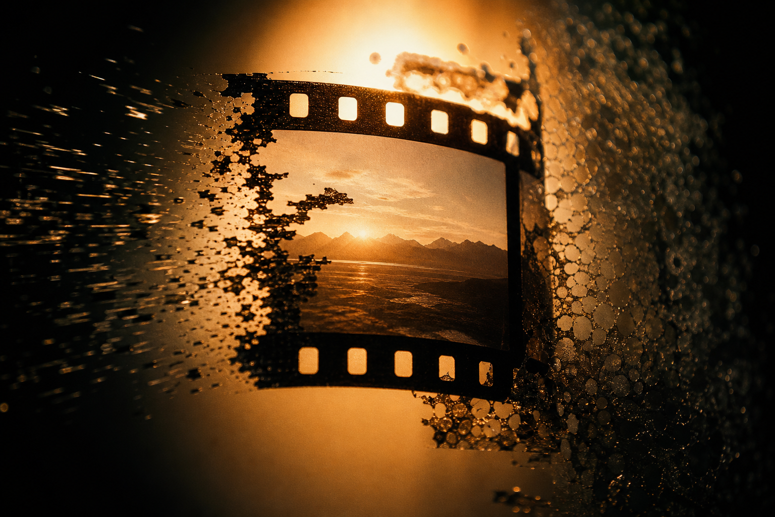 Frames de película apilados con luz de proyector representando producción cinematográfica con IA