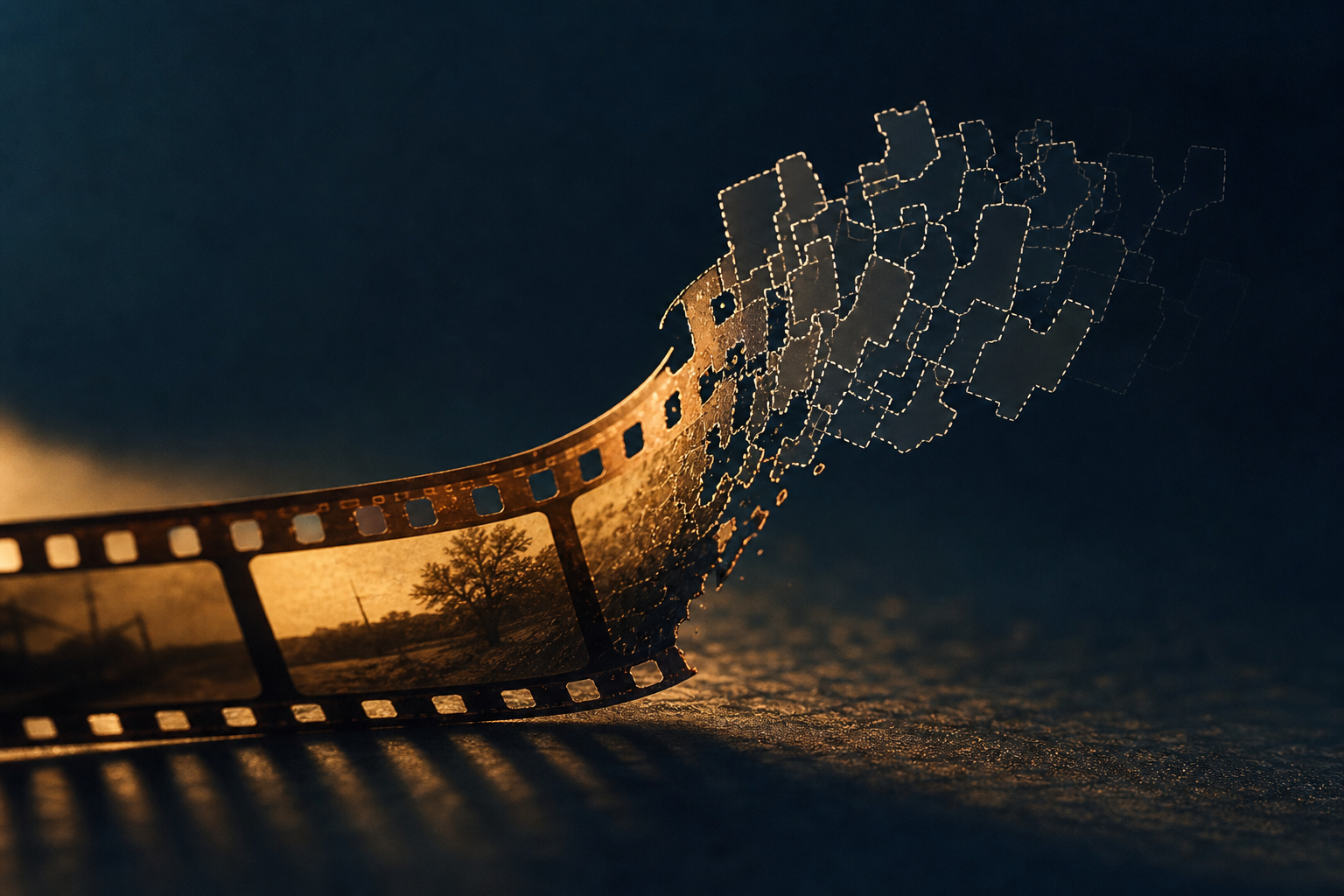 Fotografía de producto transformándose en clip animado, luz lateral dramática, paleta cinematográfica azul profundo