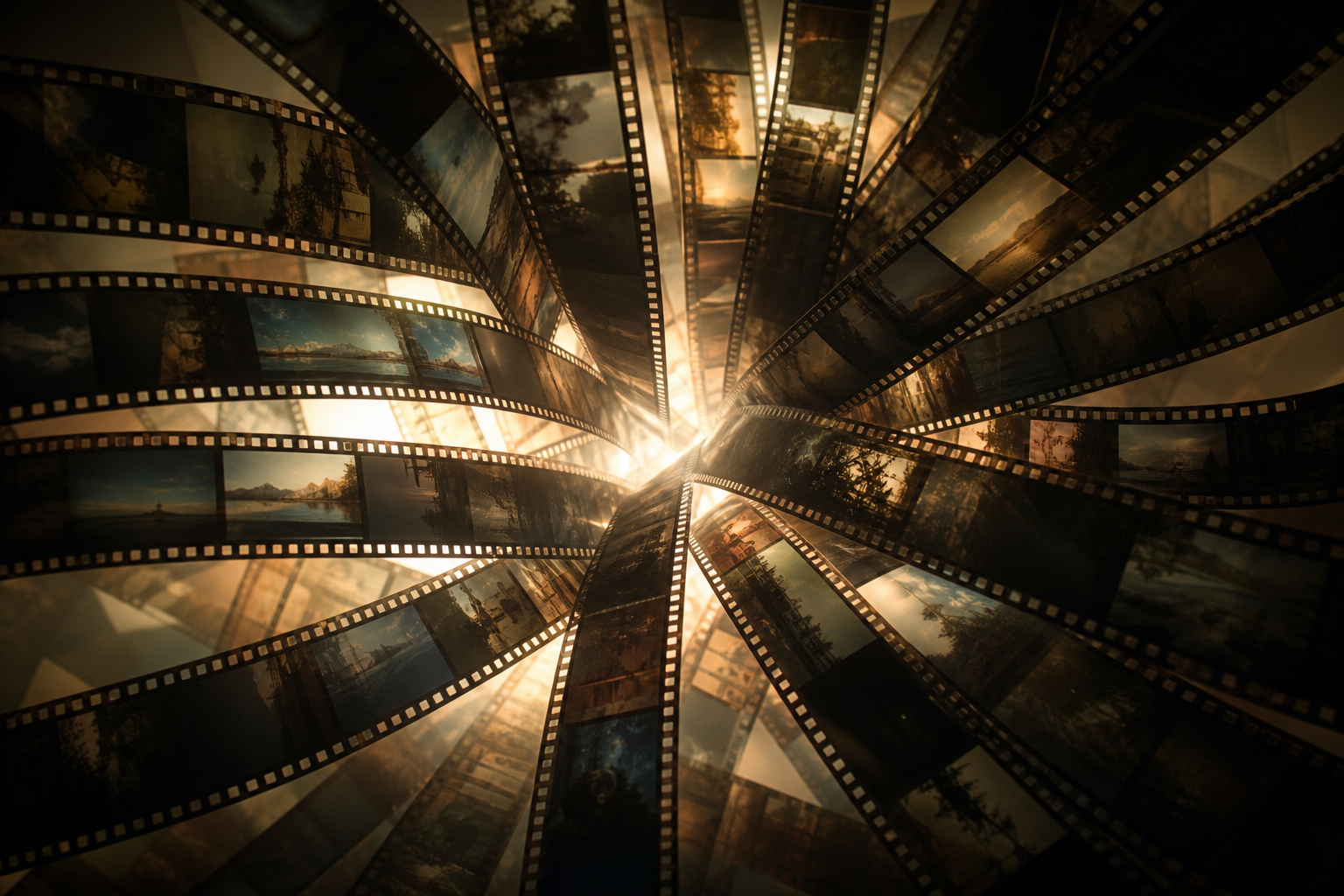 Composición editorial de frames cinematográficos AI-nativos apilados en formato de streaming